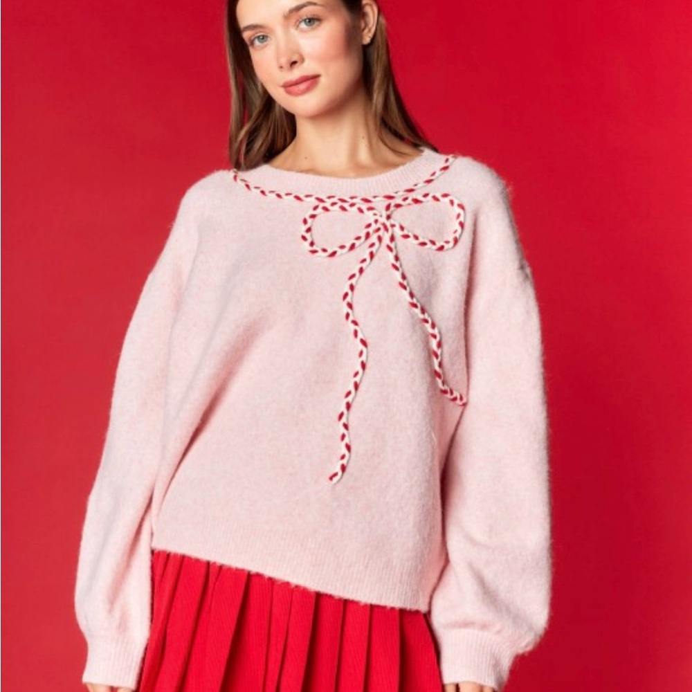 Rareraw Sweater in Pink with Candy Cane Bow. Recycled Finer Blend. NWT - Picture 2 of 16